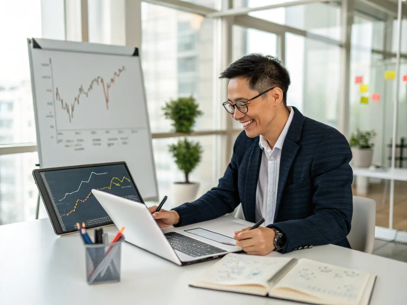 An image of a financial advisor analyzing investment charts with a Mexican city skyline in the background.