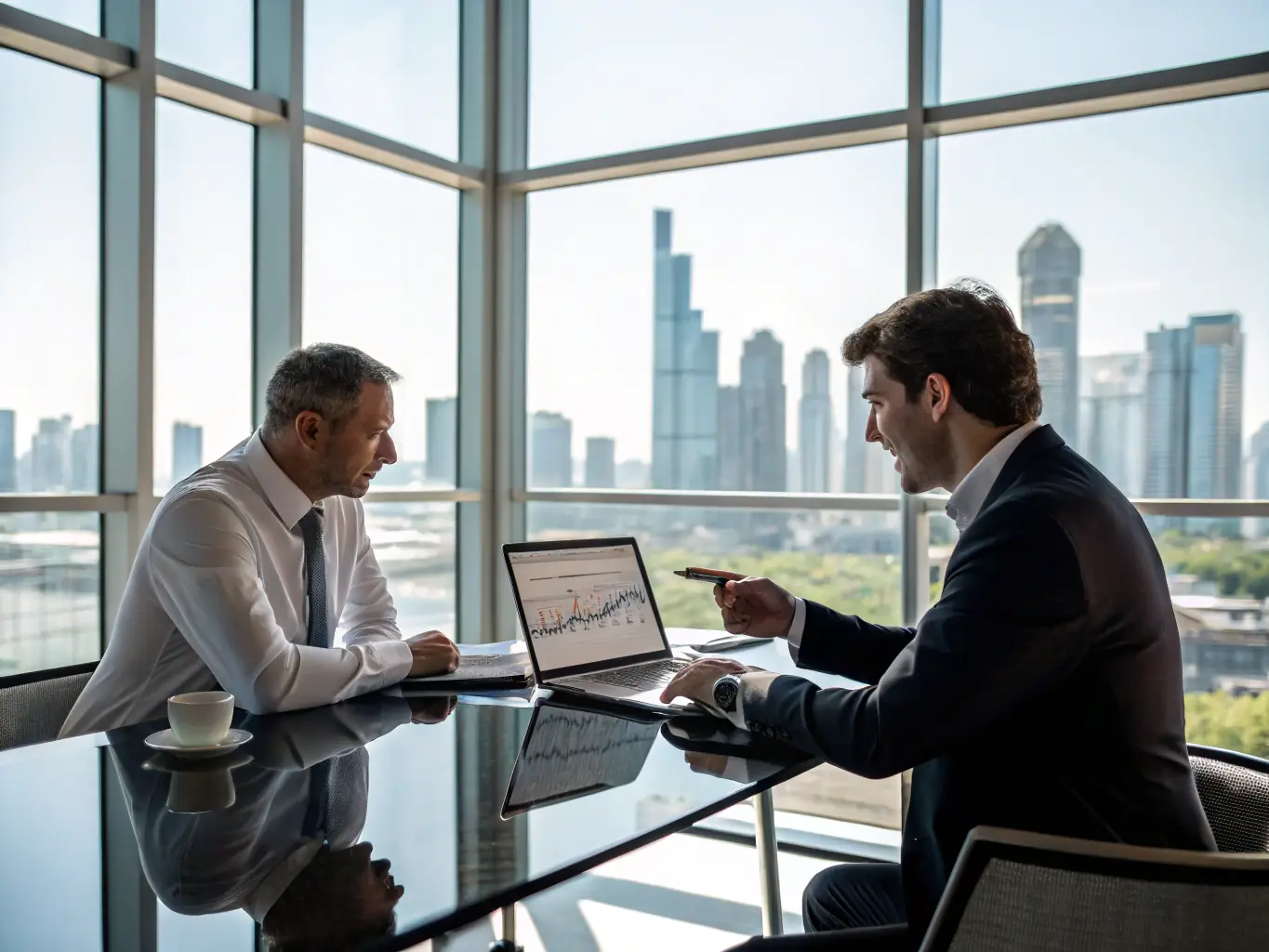 An image showing a financial advisor in a modern office, discussing investment options with a client, with a view of Mexico City in the background.