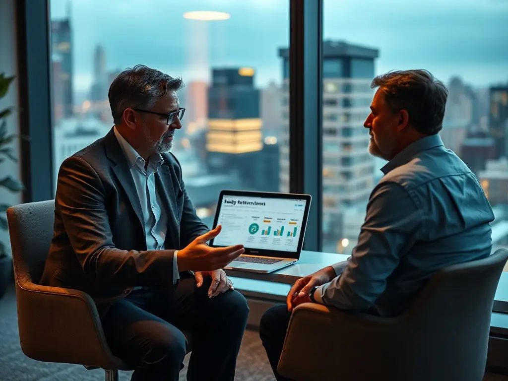 A senior financial consultant presenting a retirement plan to a client, with graphs and charts illustrating potential growth scenarios in the Mexican context.
