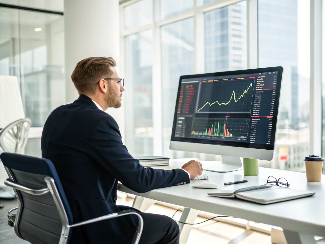 A professional financial advisor in a modern office setting, reviewing investment portfolios and discussing financial strategies with a client, with the Mexican flag subtly displayed in the background.