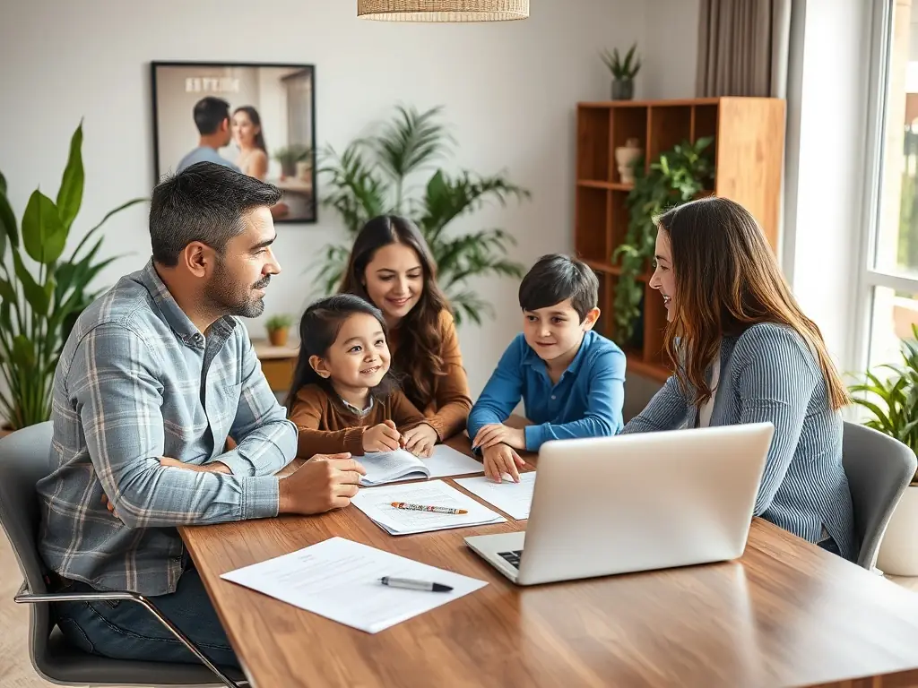 A family happily planning their financial future with a financial advisor, set against a backdrop of a vibrant Mexican cityscape.